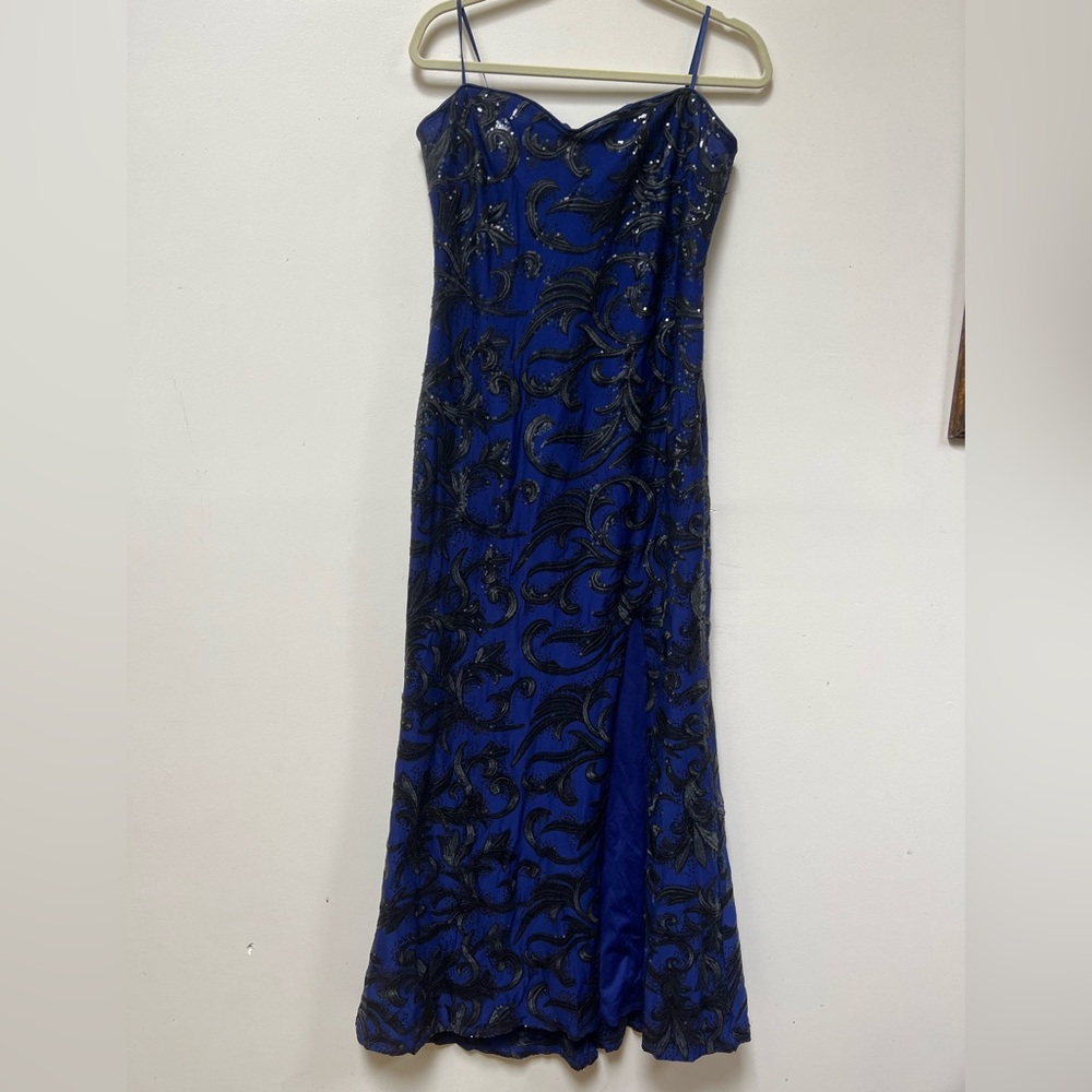 Midnight blue and black sequins strapless gown